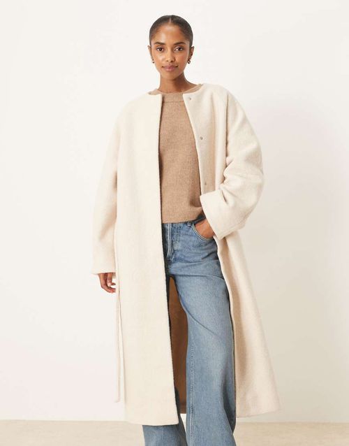 Collarless boucle longline formal coat in oatmeal-Neutral