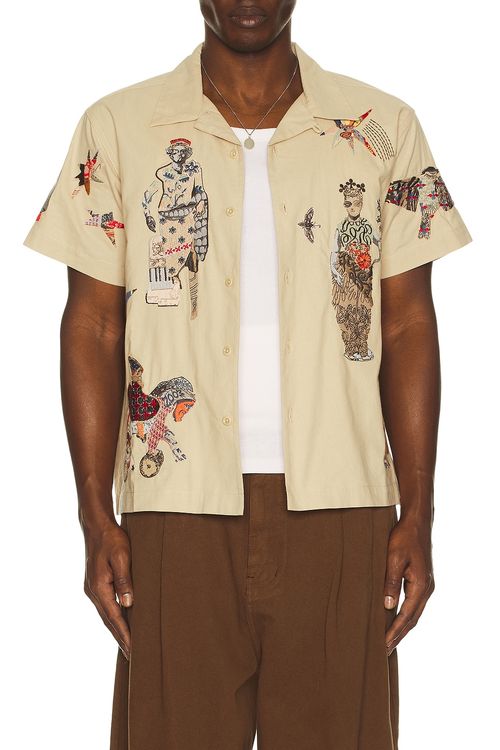 Samuel Zelig Collage Camp Shirt in Natural Tint - Beige. M also in L, S, XL/1X, XXL/2X