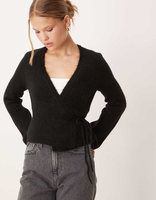 Long sleeve knitted wool alpaca wrap cardigan in black