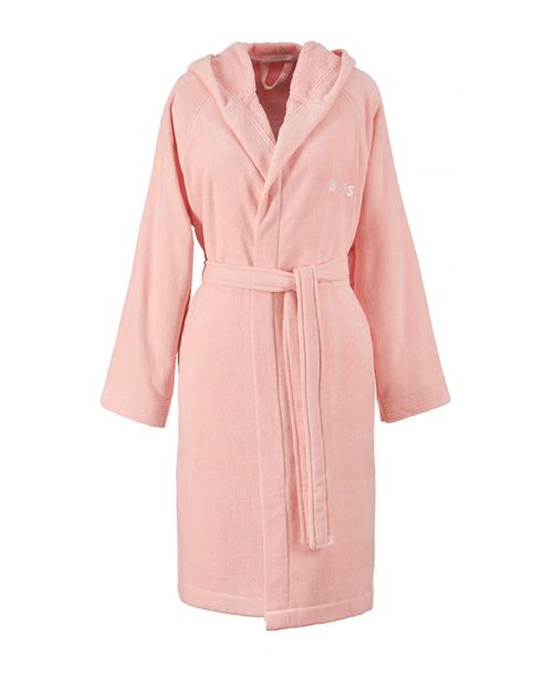 Plain Hooded Cotton Velour Women's Bathrobe - Pink