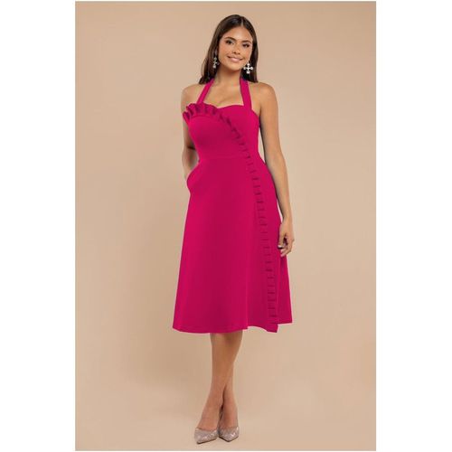 Goddiva Frilled Halter Neck Strap Midi Dress - Magenta