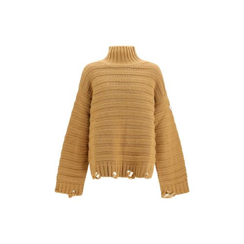 Distressed Wool Turtleneck Sweater — Beige