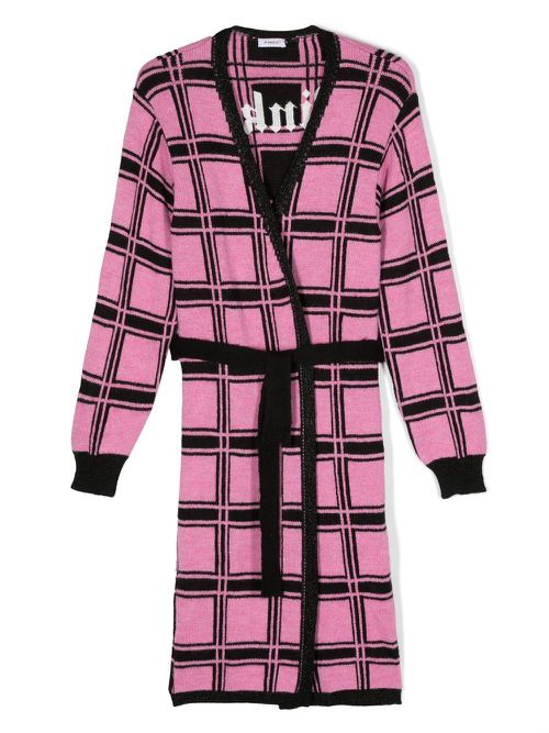 Check print belted knitted cardigan