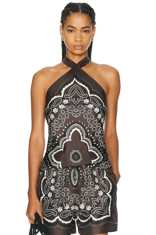 NILI LOTAN Solal Silk Halter Top in Brown & Ivory Bandana Print - Brown. S also in