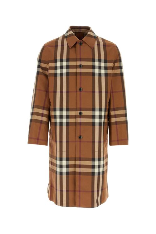Check-Print Cotton Trench Coat — Brown