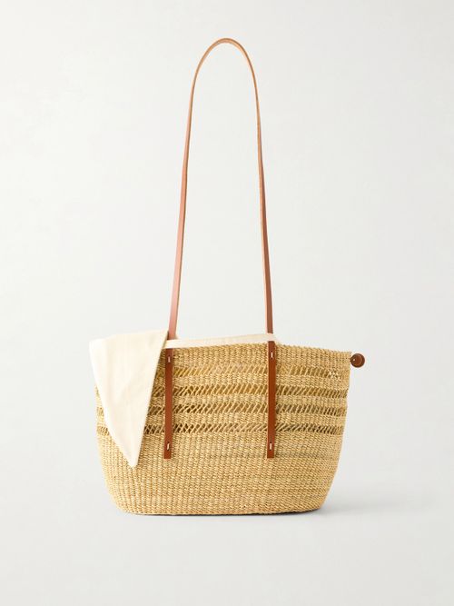 Bicro M Leather-trimmed Woven Straw Tote