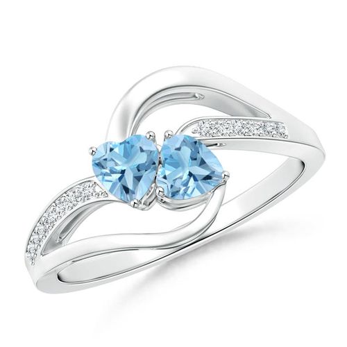 Angara 0.64 Carat Two Stone Heart Swiss Blue Topaz Bypass Ring with Diamonds in Platinum