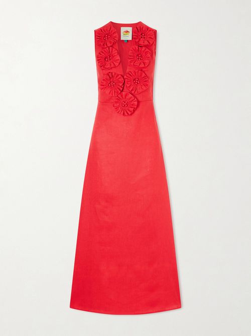 Floral-appliquéd Linen Midi Dress - Red