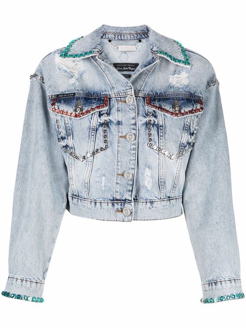 Crystal-embellished distressed denim jacket - Blue
