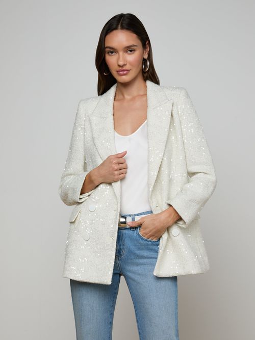 Cambrie Oversized Sequin Blazer In White Tweed/clear Sequin