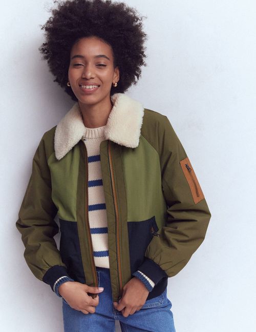 Women's Borg Detail Bomber Jacket in Green | Size 6