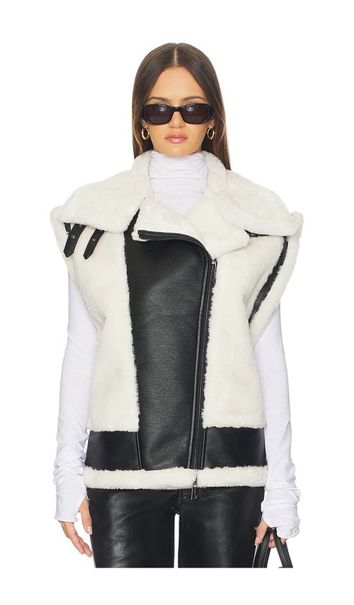 Jocelyn Faux Shearling & Leather Moto Vest in Black & Ivory. XL also in L, M