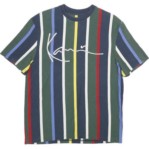 KARL KANI Mens Blue Green Red Yellow Striped Graphic T-Shirt S Short Sleeve Crew
