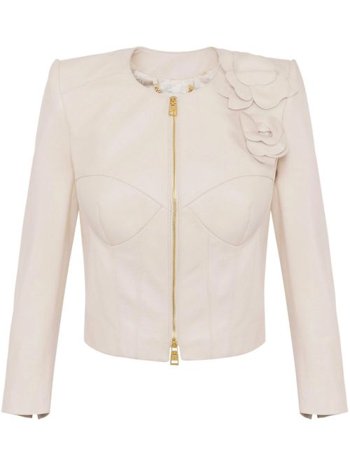 Flower appliqués leather jacket - Neutrals