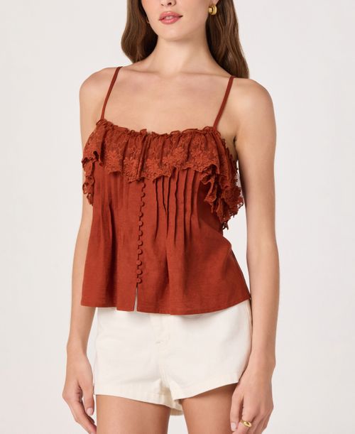 Women's Ruffled Lace Trim Straight Neck Tank Top - Rust Browm