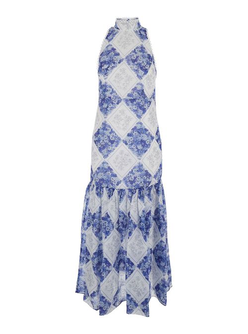 Multicolor Long Dress With High Halter Neck And All-over Floral Print In Tech Fabric Woman