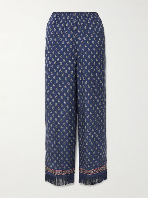 Lavon Fringed Paisley-print Silk Straight-leg Pants - Blue