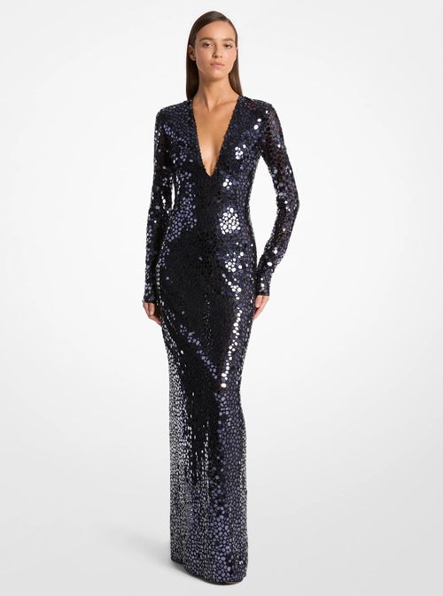 Michael Kors Mirror Embroidered Stretch Tulle V-Neck Gown in Blue - size 2 by