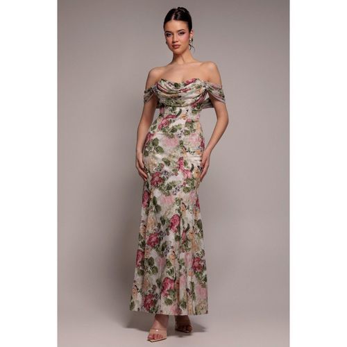 Goddiva Cowl Neck Floral Print Jacquard Chiffon Maxi Dress - Crea