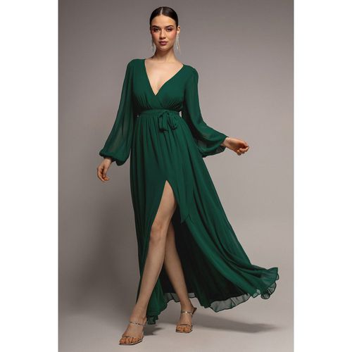 Goddiva Sustainable Front Split Wrap Style Chiffon Maxi Dress - Green