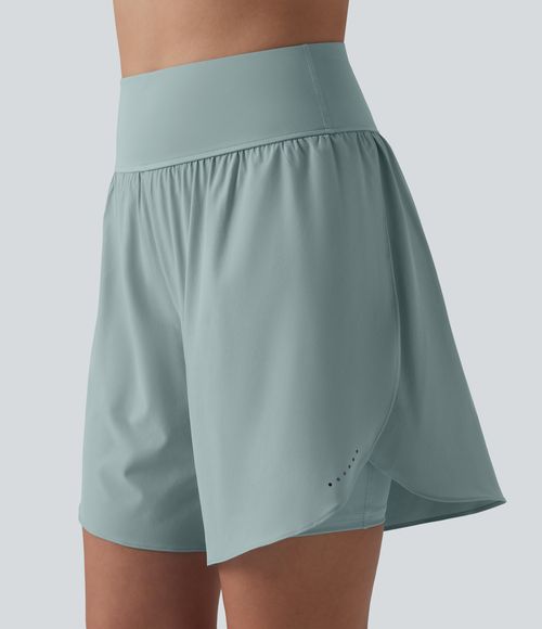 SoftlyZero™ QuickDry High Waisted Tummy Control Reflective Dots Crossover Hem 2-in-1 Running Shorts 7'' with Pockets Gym Short - Ether