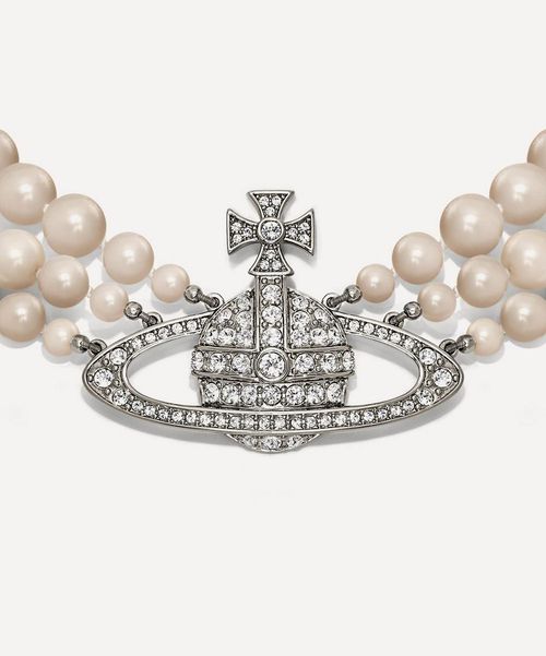 Silver-Tone Three Row Pearl Bas Relief Choker Necklace