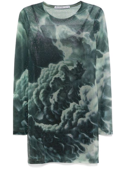 Crystal-hotfix cloud-print mini dress - Green