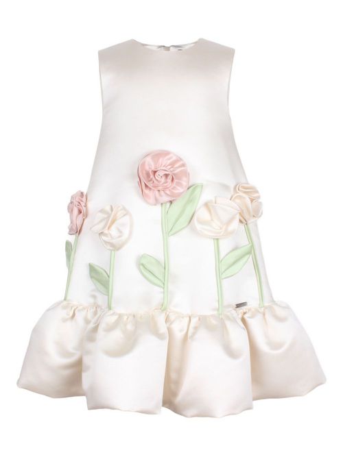 Floral-appliqué ruffled dress - White
