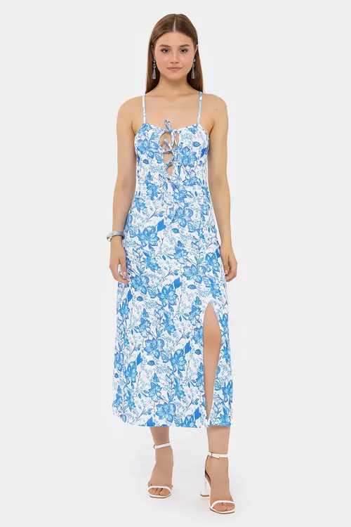 Maya Blue Floral Woven Midi Dress With Tie-front Women