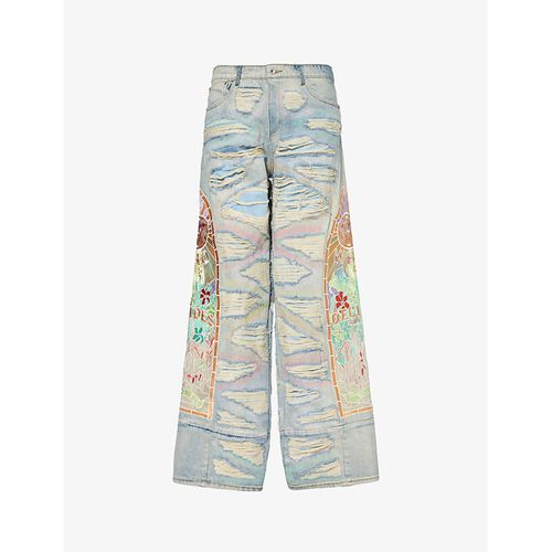 Mens Multi Embroidered Distressed Wide-leg Regular-fit Jeans 34