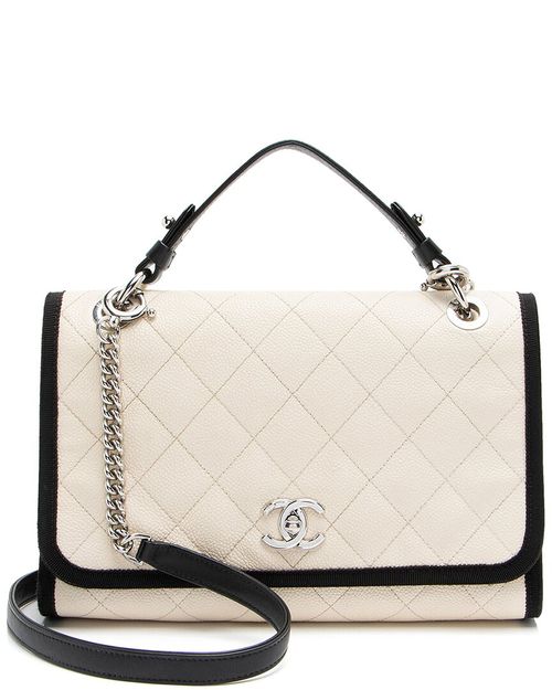 Beige, Black Caviar Leather & Grosgrain CC Top Handle (Authentic Pre-  Loved)