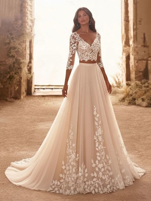 Two-piece Wedding Dress Lace Wedding Dress Tulle V-Neck Two-piece With Train Zipper 3/4 Length Sleeves Long