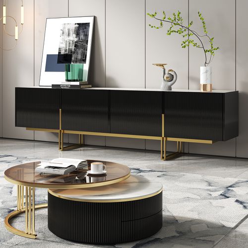 Set de sala de estar con soporte para TV .7 pulgadas en color blanco roto y mesa de café redonda de vidrio con almacenamiento