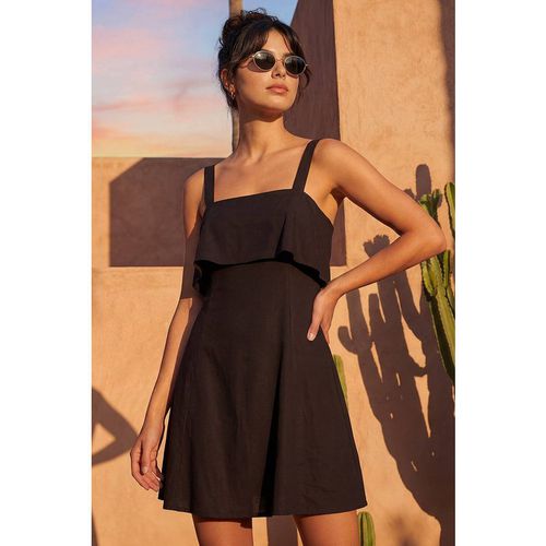 Dusk Women's Fold Over Linen Blend Dress in Black