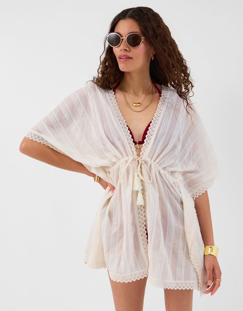 Lace Trim Mini Kaftan Ivory