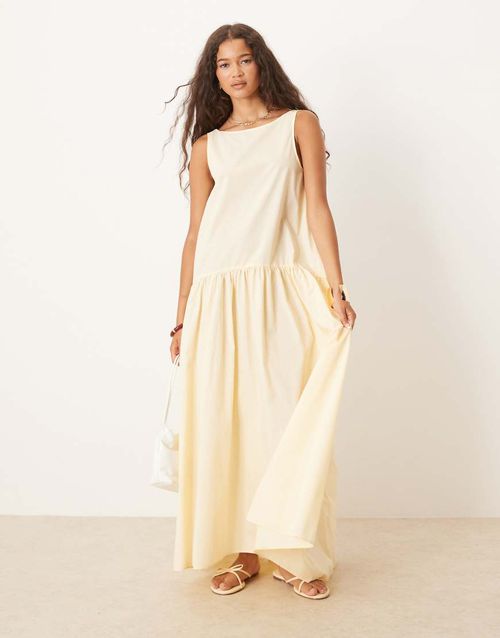 Drop waist cotton maxi dress in buttermilk-Yellow