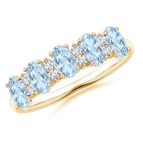 Angara 1.0 Carat Five Stone Aquamarine and Diamond Wedding Ring in 14K Yellow Gold