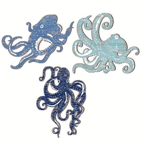 TEMU 3pcs Wooden Octopus Wall Decor, Nautical Wall Art Indoor Outdoor Coastal Decoration, Blue Farmhouse Beach Bathroom Hanging, Suitable For Home