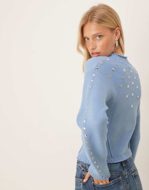Studded knit cardigan in ice blue