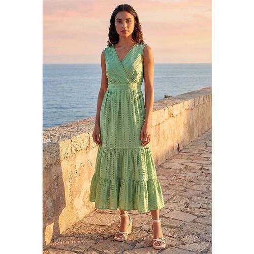 Roman Womens Embroidered V-Neck Midi Dress - Green