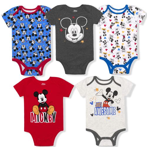 DISNEY Mickey Mouse Boys 5 Pack Bodysuits for Newborn and Infant - Blue/Red/White/Grey