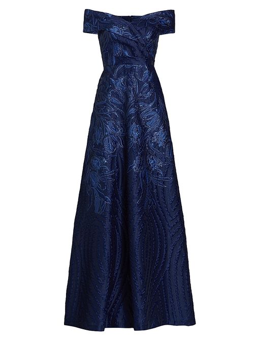 Women's Metallic Floral Off-The-Shoulder Gown - Navy