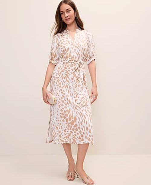 Ann Taylor Animal Print Puff Sleeve Midi Dress