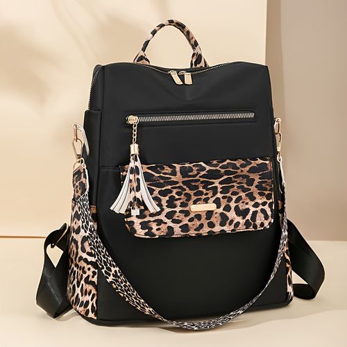 TEMU Vintage Leopard Print Backpack For Women - Large Capacity, Adjustable Straps, Zipper Closure, Durable Nylon, Ideal For Work, Study, And Trave