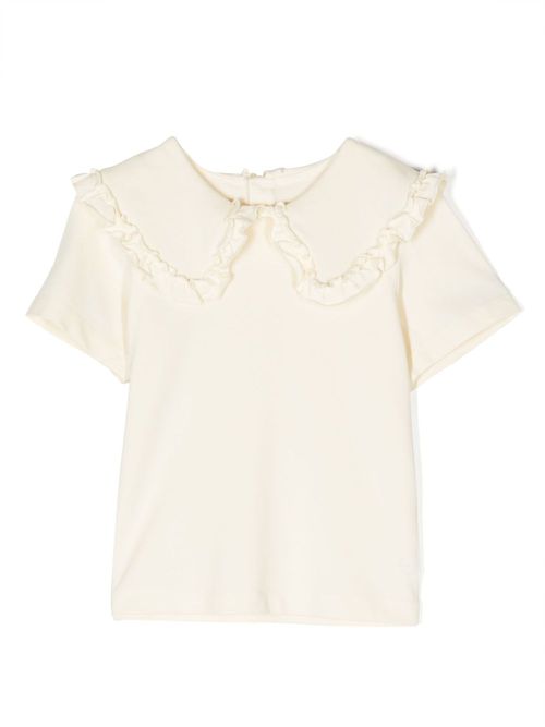 Ruffled-collar short-sleeve T-shirt - White
