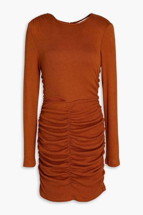 Ruched cutout ribbed-knit mini dress - Brown - L
