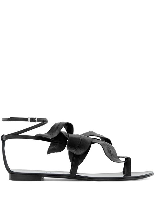 Flower appliqué flat sandals - Black