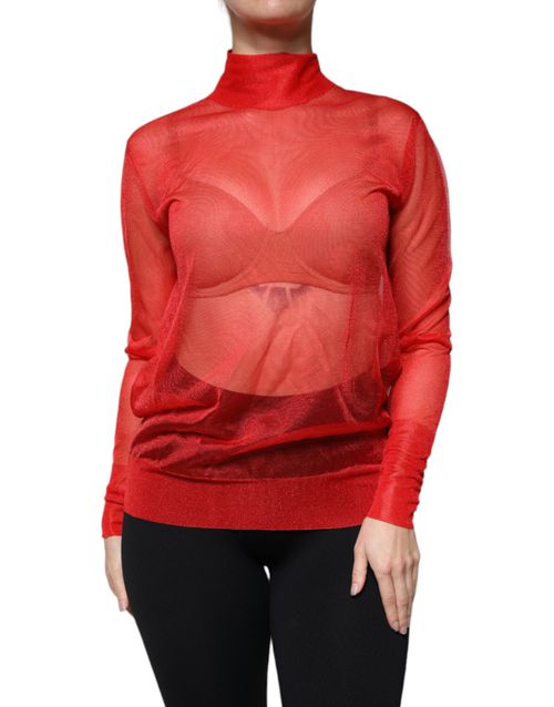 Dolce & Gabbana Red Mesh Turtleneck Long Sleeve Blouse Women's Top Pre-Owned