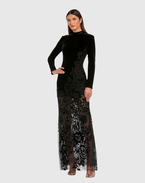 Long Sleeve Sheer Floral Embroidered Velvet Maxi Gown In Black
