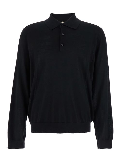 Black Polo Shirt With Classic Collar And Ribbed Trims In Wool Man